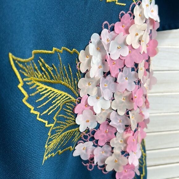 Anthropologie Varun Bahl Teal Hydrangea Swing Dress 2 - Picture 6 of 12